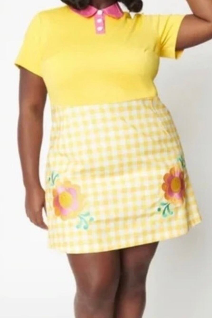 Smak Parlour Smiley Yellow Gingham Mini Dress L NWOT